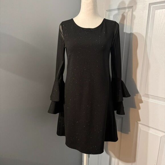 Bonnie Jean Sz 16 Girls Sparkle Black Party Dress with Ruffled Cuff Sheer Detail - Picture 1 of 12